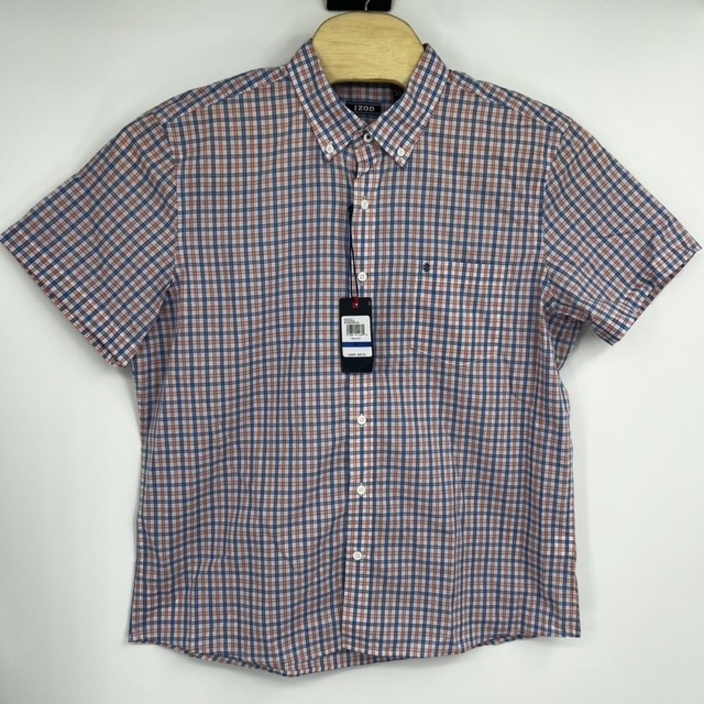 NWT IZOD‎ Men's XL Regatta Blue and Red Plaid Short Sleeve Button Down Shirt